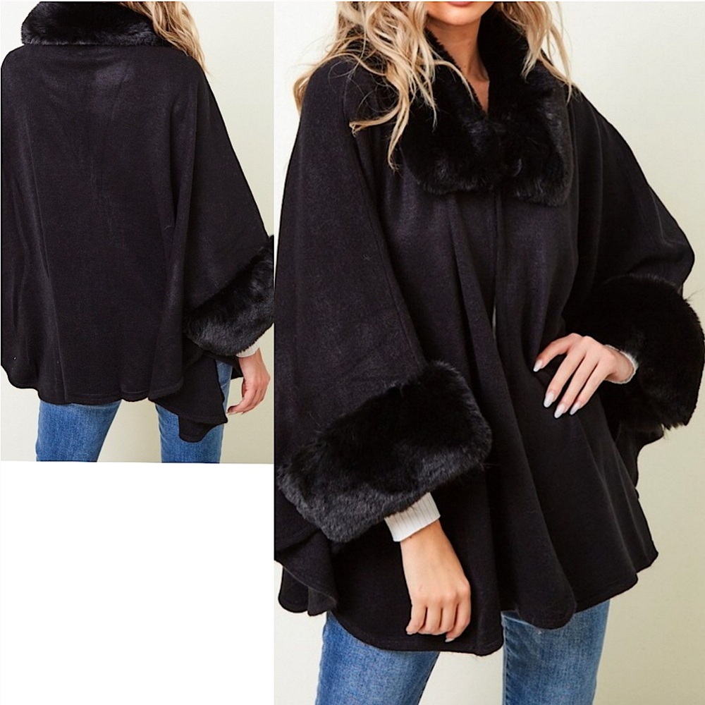 Black Sweater Cape w/ Faux Fur Trim